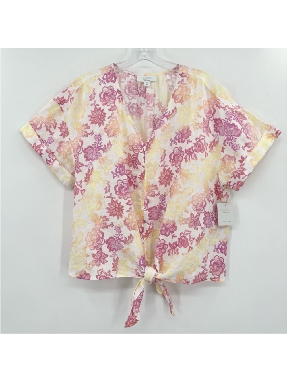 NWT Charter Club Luxury Linen Floral Front-Tie Blouse Top XL - 100% Linen